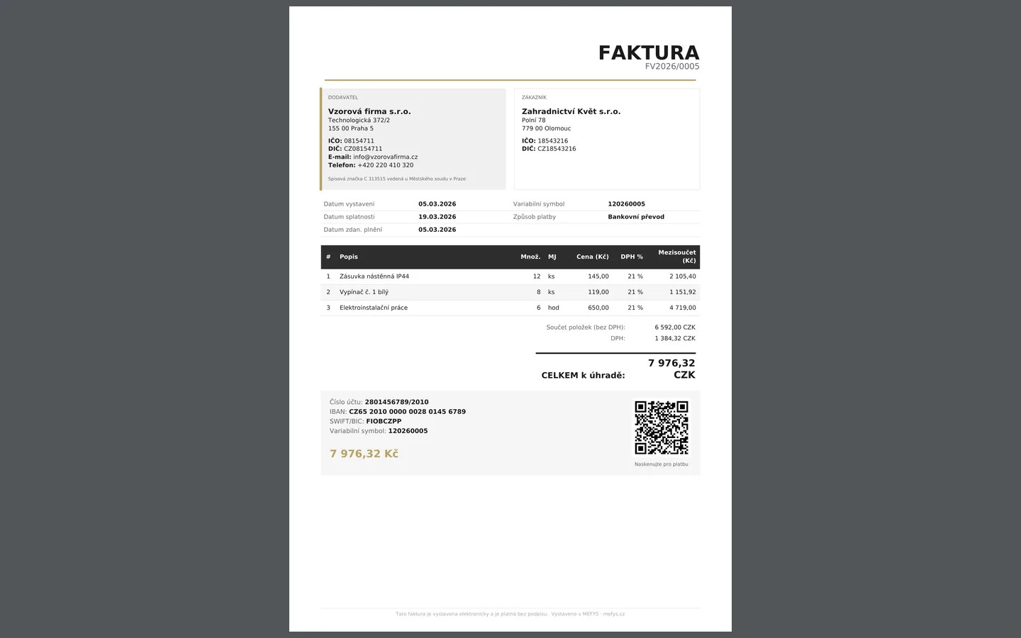 PDF faktury — zákazník naskenuje QR a zaplatí